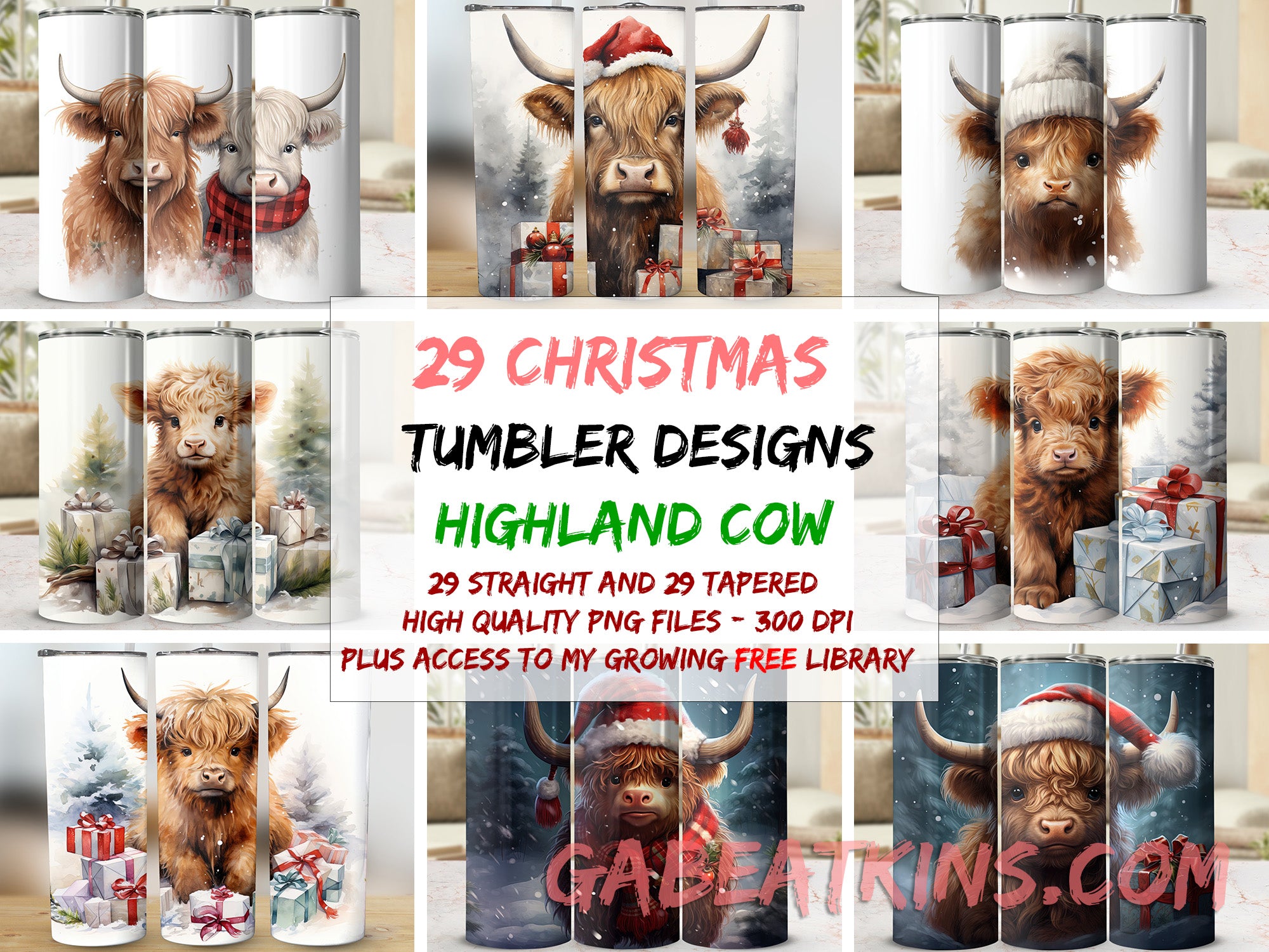 Festive Highland Cow 20oz Tumbler Wrap Designs - Set of 29 Sublimation | Festive Highland Cow 20oz Tumbler Wrap Designs - Set