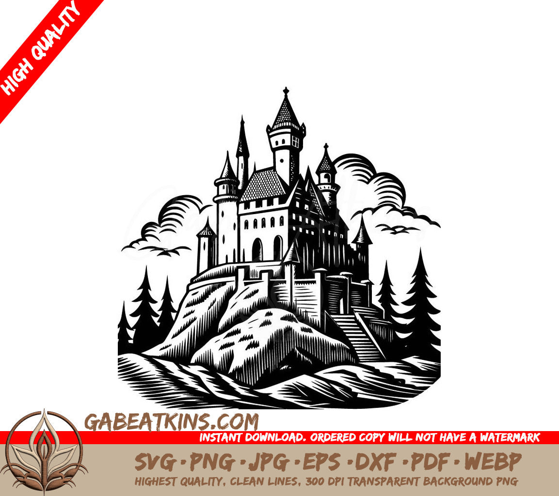  Castle Hill SVG - Medieval Woodcut for Halloween & Fantasy Designs SVG