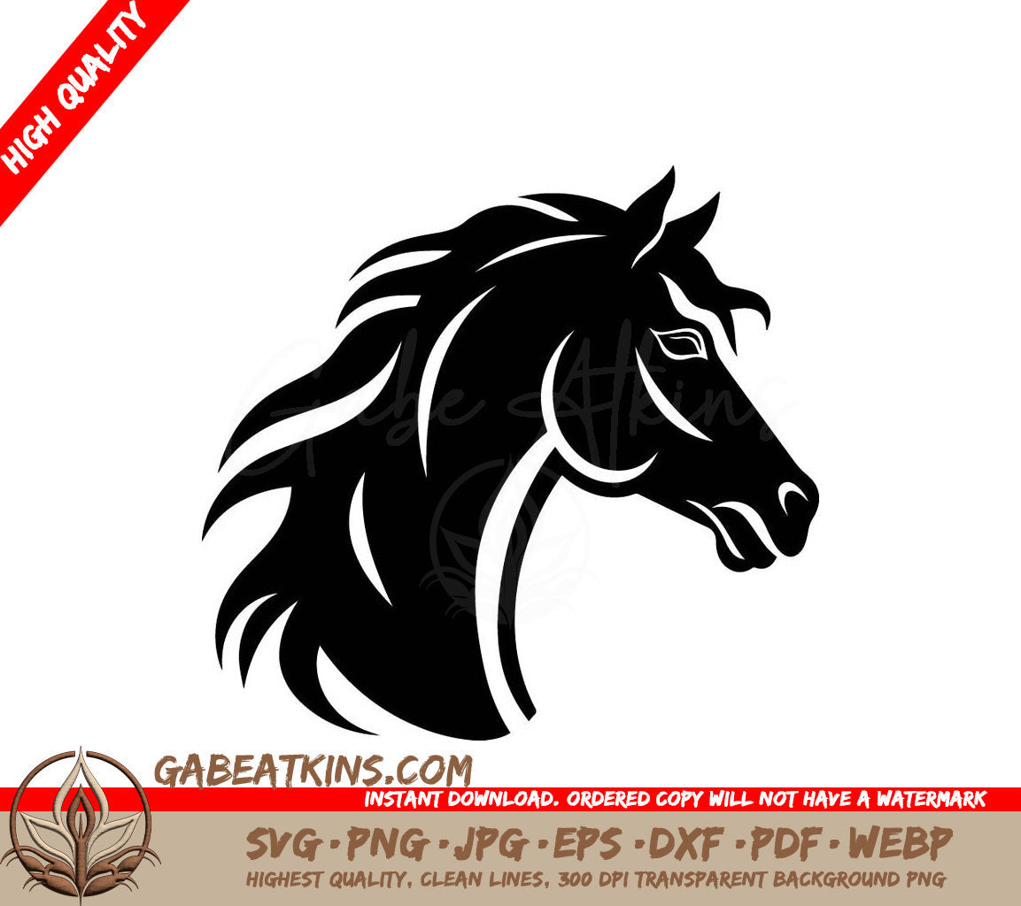  A Horses Head With A Long Mane SVG - Majestic Black Beauties Vector Horse Art in MonochromeStriking Equine Impressions Black Vectorized SVG