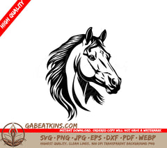  A Horses Head With A Long Mane SVG - Minimalist Horse Linocut Vector Icon High Contrast Black and White Design SVG