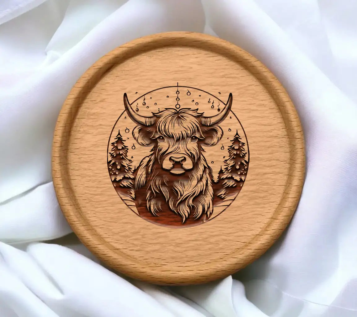  Bull with Christmas Trees SVG - Monochromatic Highland Cow in Snowy Meadow SVG