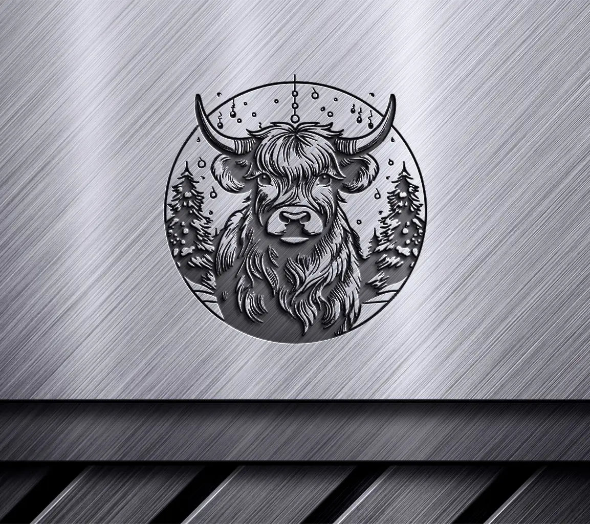  Bull with Christmas Trees SVG - Monochromatic Highland Cow in Snowy Meadow SVG