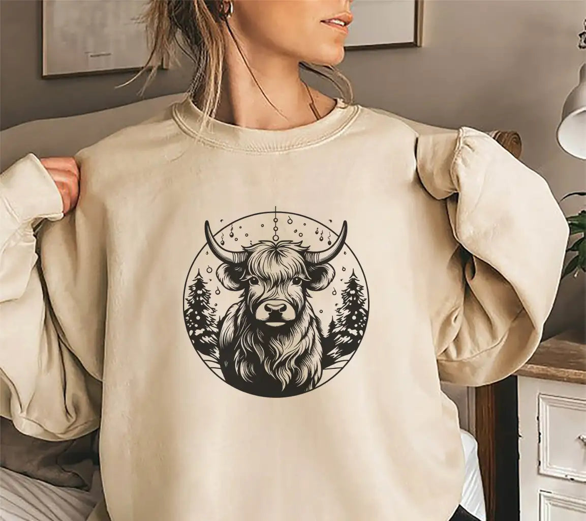  Bull with Christmas Trees SVG - Monochromatic Highland Cow in Snowy Meadow SVG