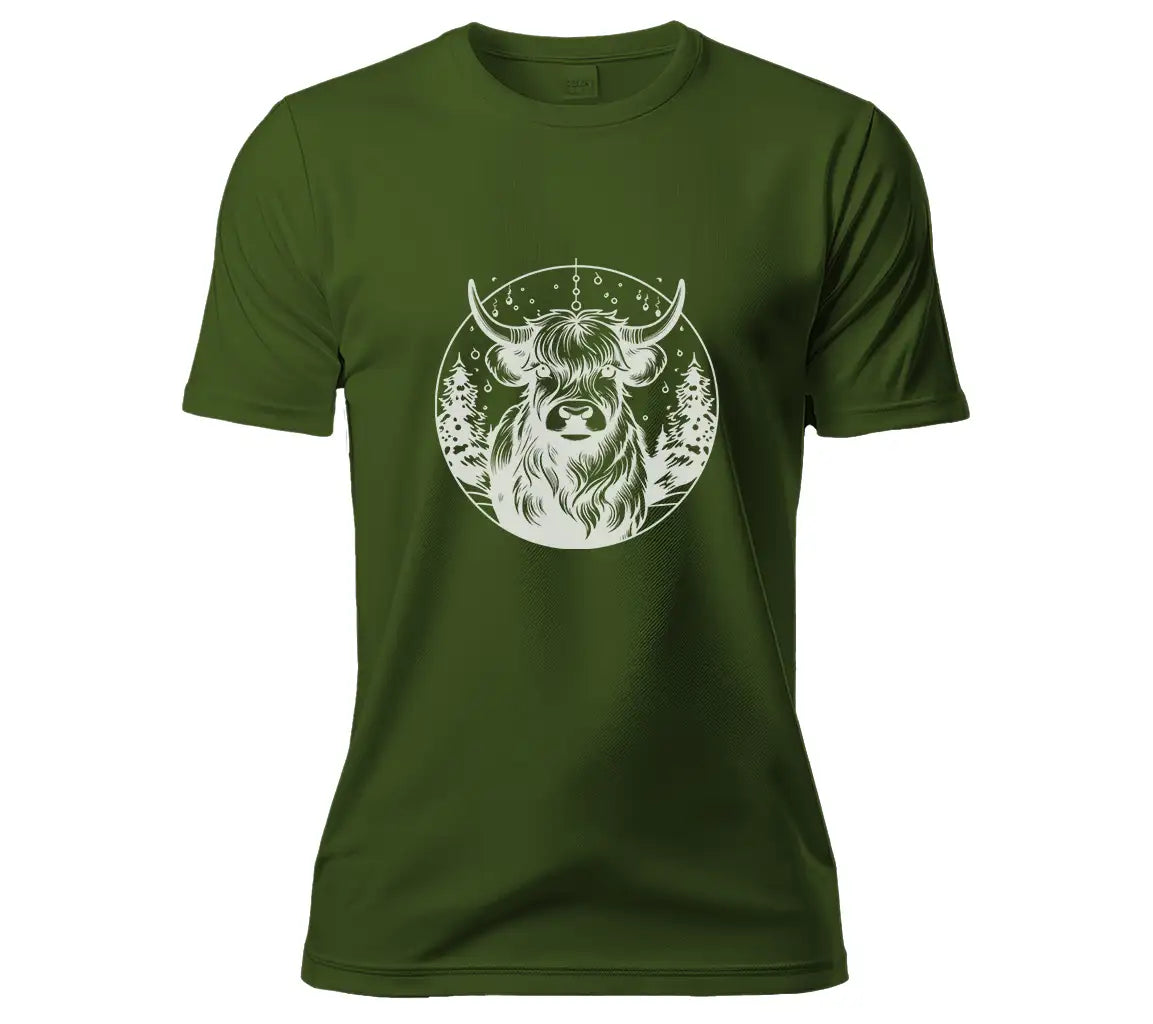  Bull with Christmas Trees SVG - Monochromatic Highland Cow in Snowy Meadow SVG