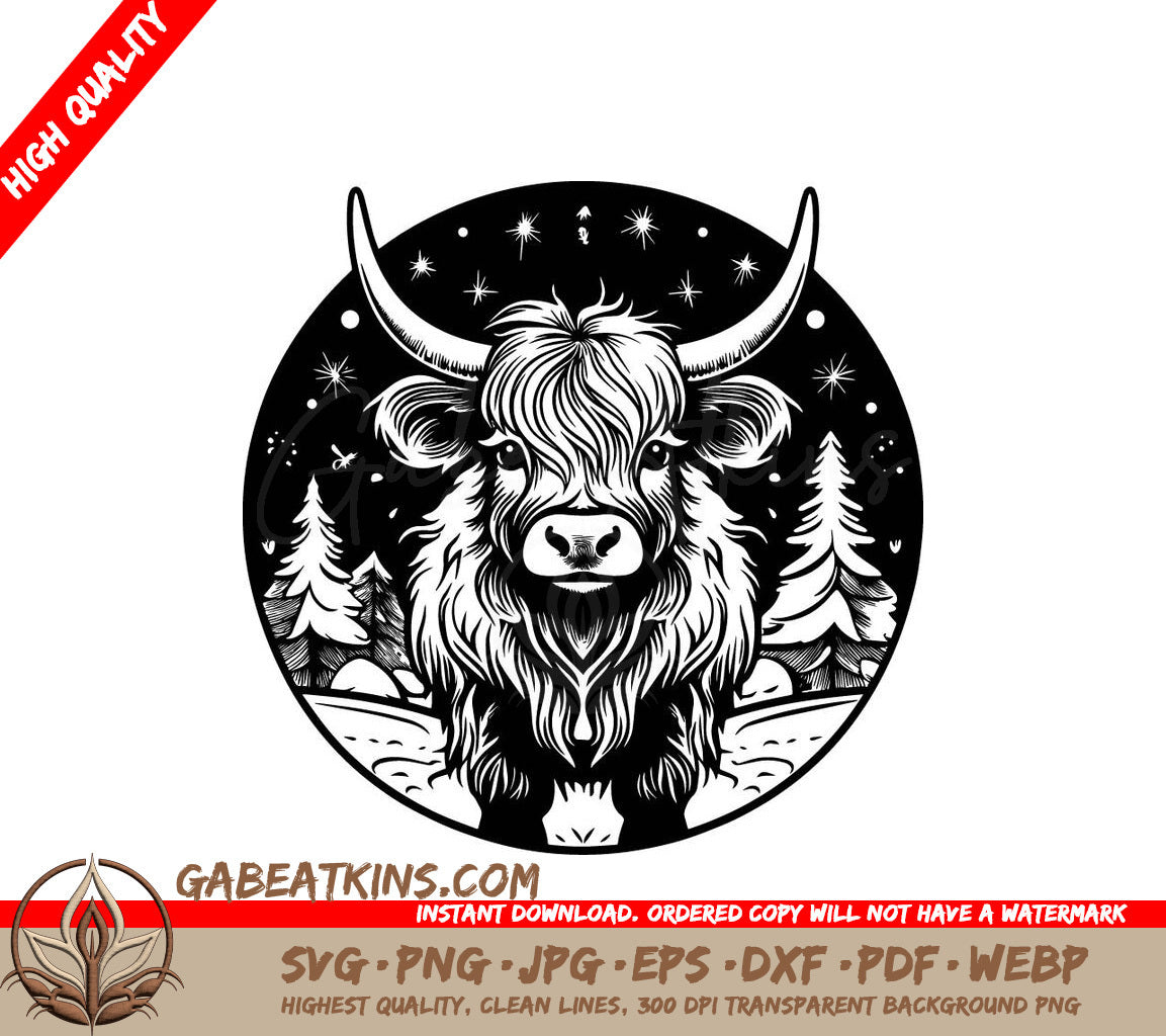  Yak Christmas SVG - Monochromatic Highland Cow Illustration SVG