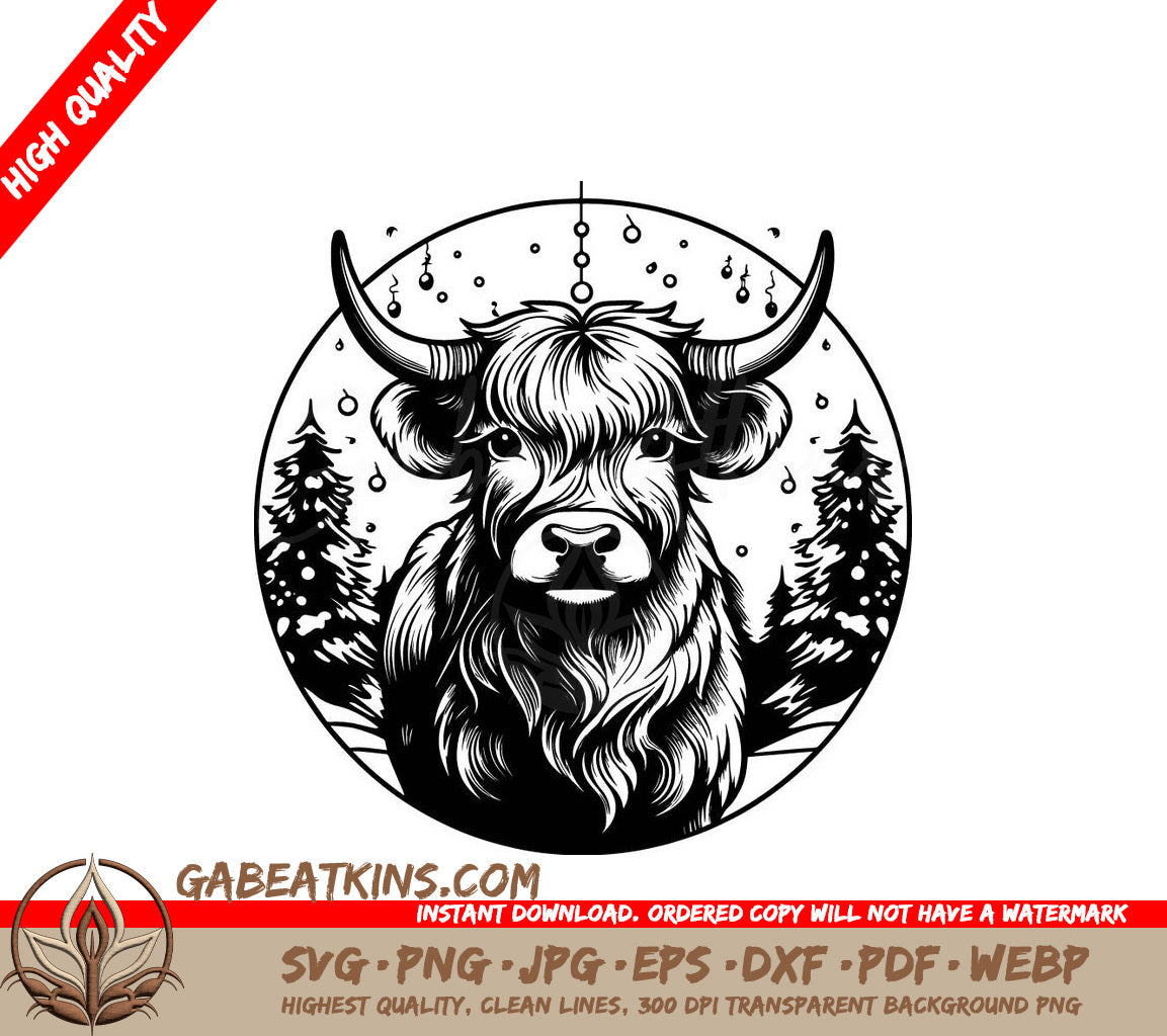  Bull with Christmas Trees SVG - Monochromatic Highland Cow in Snowy Meadow SVG
