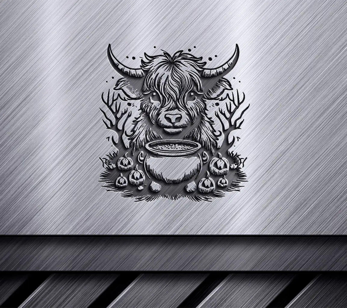 Halloween Highland Cow & Cauldron SVG - Monochrome Bull Illustration SVG