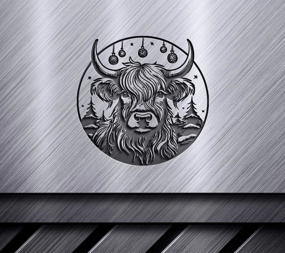  Bull with Christmas Ornaments SVG - Monotone Highland Cow Design SVG