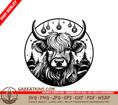 Bull with Christmas Ornaments SVG - Monotone Highland Cow Design SVG