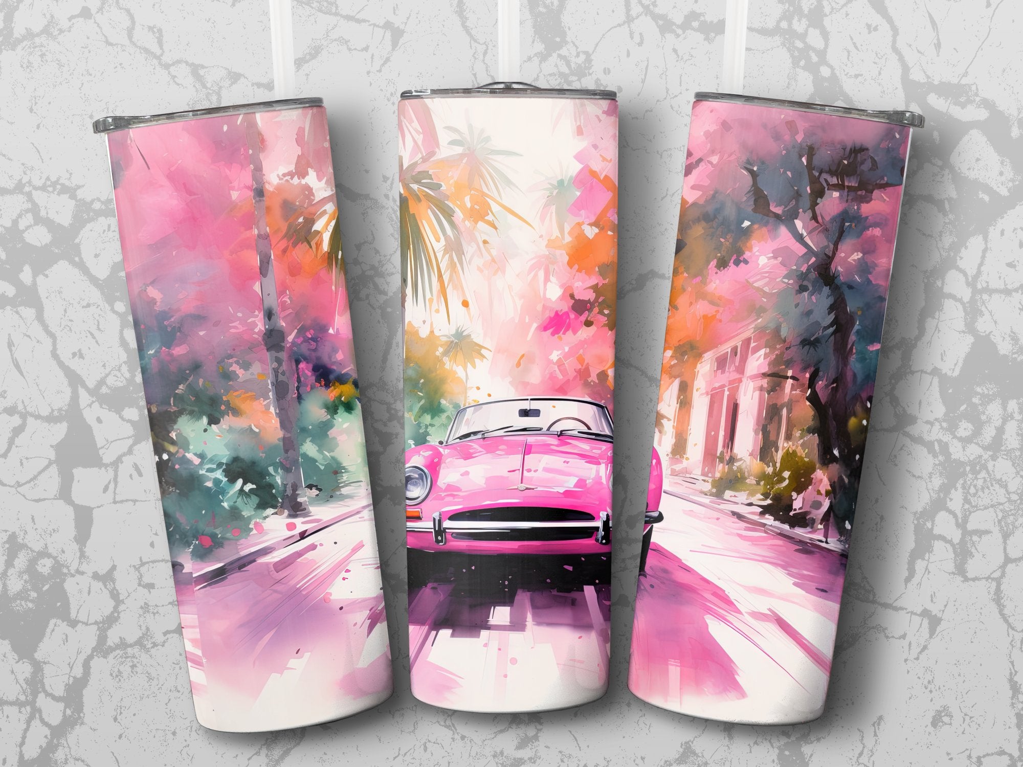 Pink Vintage Car Tropical Watercolor Tumbler Wrap | 20oz Tumbler Wrap Sublimation Design PNG - Gabe Atkins Designs