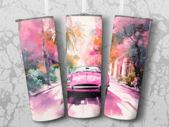 Pink Vintage Car Tropical Watercolor Tumbler Wrap | 20oz Tumbler Wrap Sublimation Design PNG - Gabe Atkins Designs
