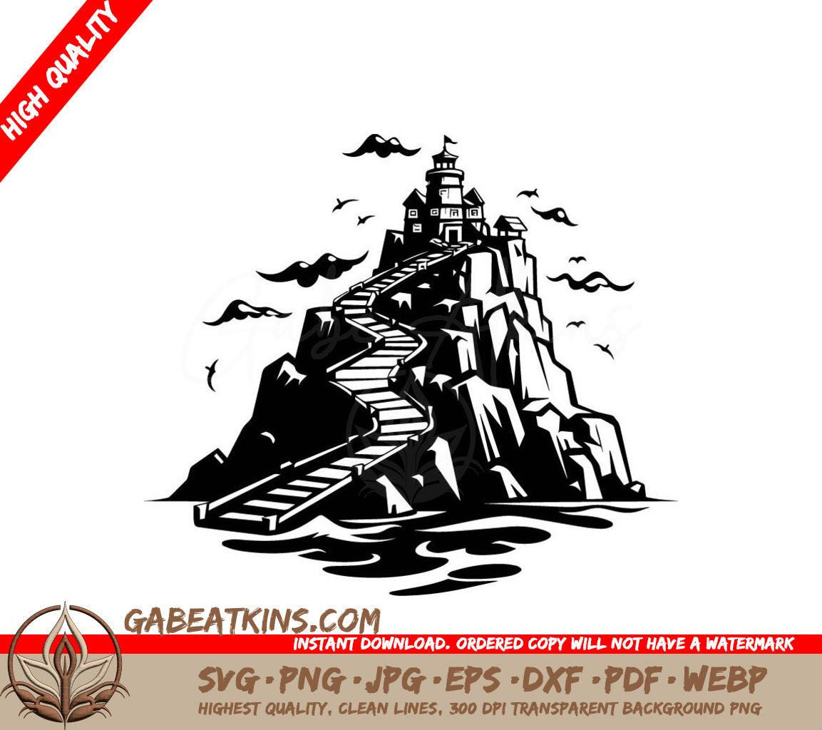  Lighthouse on Rocky Hill SVG - Oceanic Overlook Stair Design Design SVG