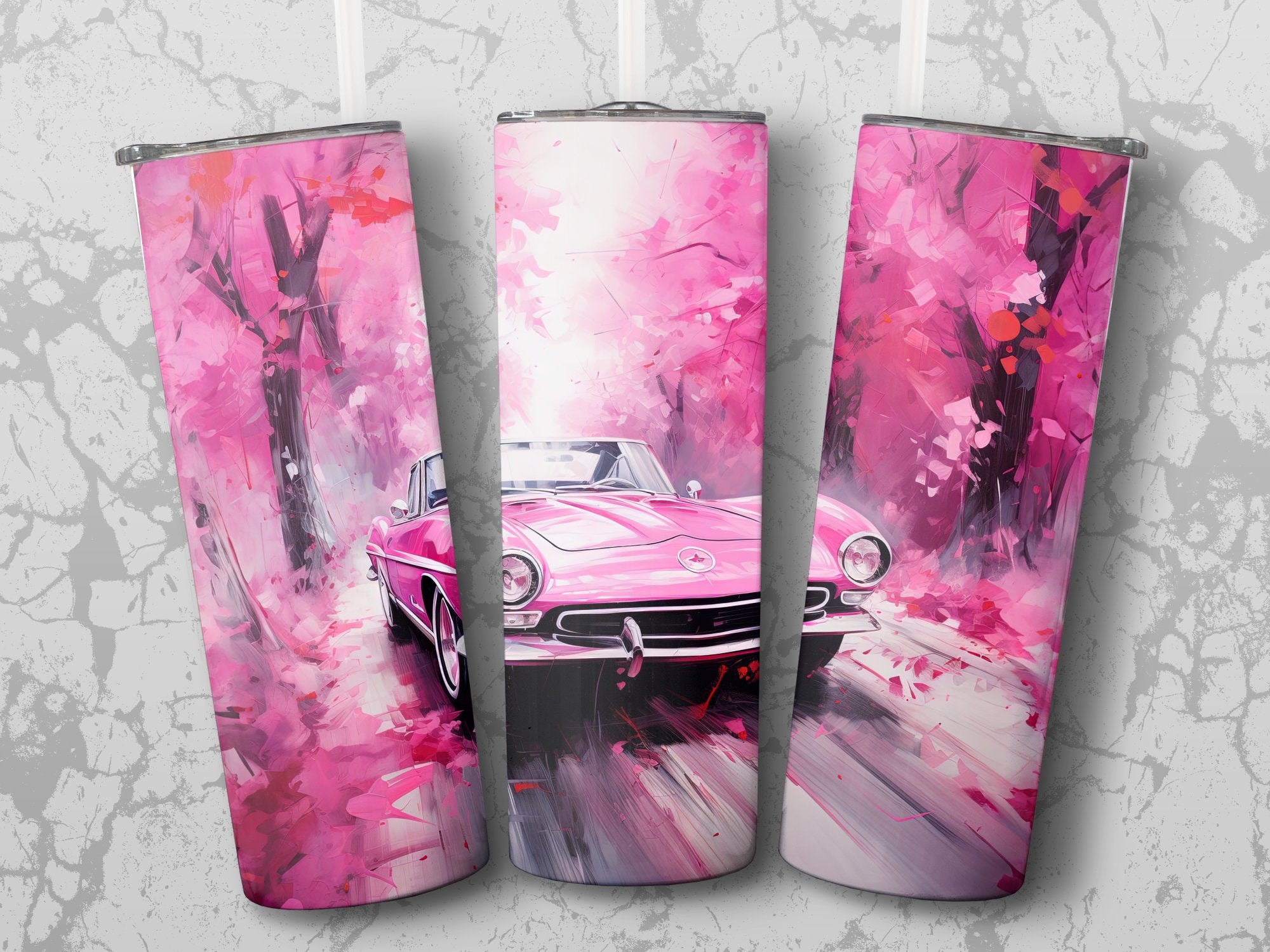 Pink Vintage Car Forest Watercolor Tumbler Wrap | 20oz Tumbler Wrap Sublimation Design PNG - Gabe Atkins Designs