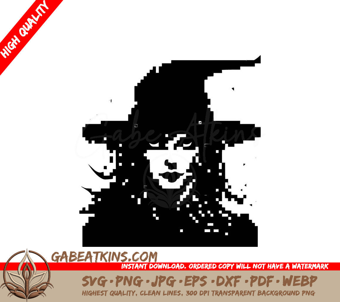 A Black And White Pixel Art Of A Witch