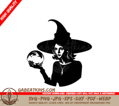 A Black And White Drawing Of A Witch Holding A Crystal Ball