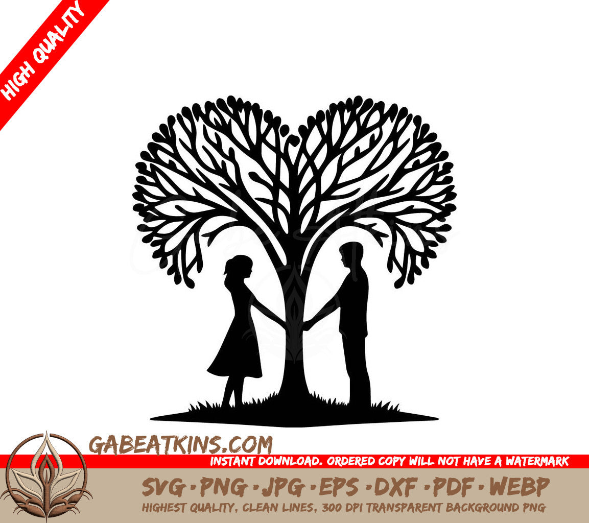 A Silhouette Of A Man And Woman Holding Hands Under A Heart Shaped Tree SVG - Reaching Hearts SVG