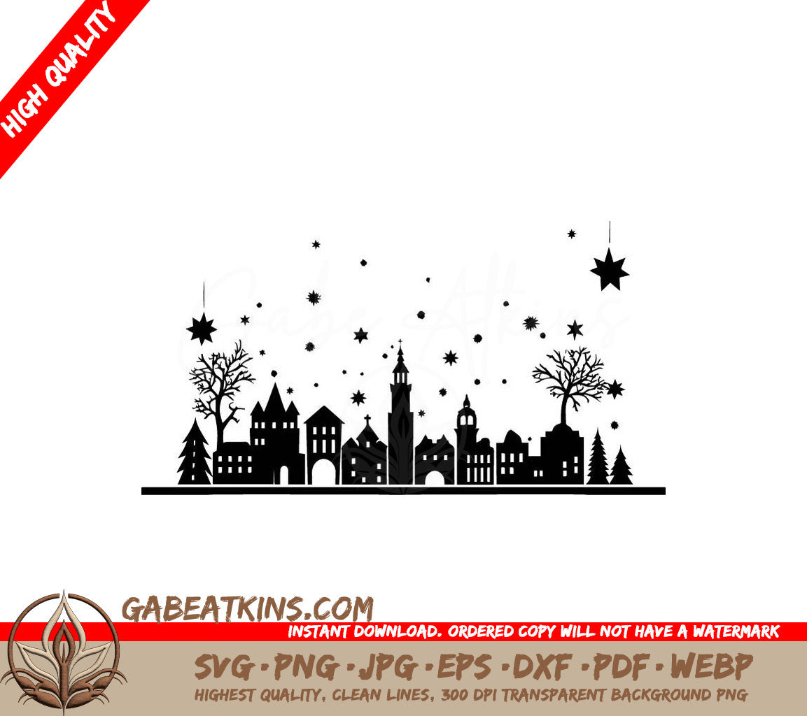  City Silhouette Christmas Card SVG - Gothic Glittering Tree SVG