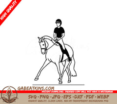  A Man Riding A Horse SVG - Simple black and white illustration rider and a horse perform elements of dressage half pass SVG