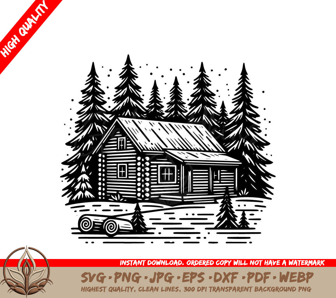 Snowy Cabin Retreat Digital Design File (SVG, PNG, JPG, AI, PDF, DXF, EPS, WebP) 
