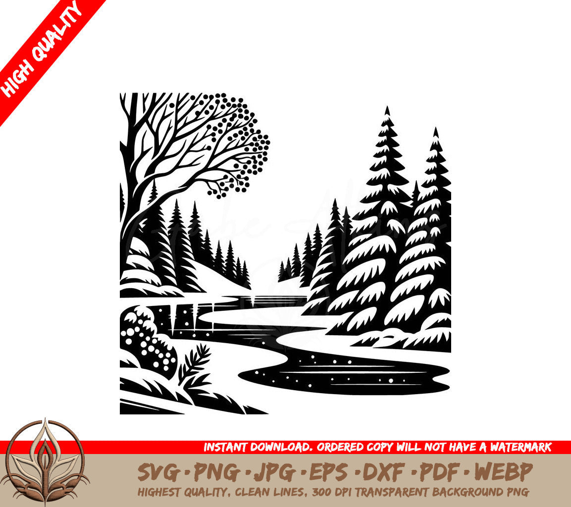 Snowy Forest River Digital Design in SVG, PNG, JPG, AI, PDF, DXF, EPS and WebP Formats 
