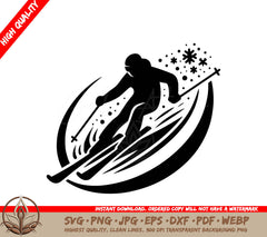 Snowy Slope Skier: Digital Design File for Crafters  Makers (SVG, PNG, JPG, AI, PDF, DXF, EPS, WebP) 
