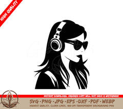 Stylish Woman with Headphones Digital Design Cut File in SVG, PNG, JPG, AI, PDF, DXF, EPS and WebP Formats 
