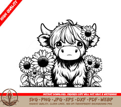 Sunflower Highland Cow - Digital Design in SVG, PNG, JPG, AI, PDF, DXF, EPS and WebP Formats 
