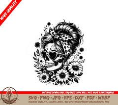 Sunglass Wearing Skull Mom Surrounded by Daisies Hair Bun SVG Cut File  Digital Download 
