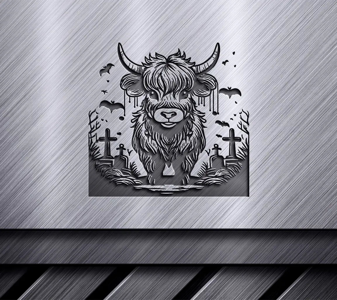 Surreal  Bull Cemetery SVG - Halloween Highland Cow Fog Landscape SVG