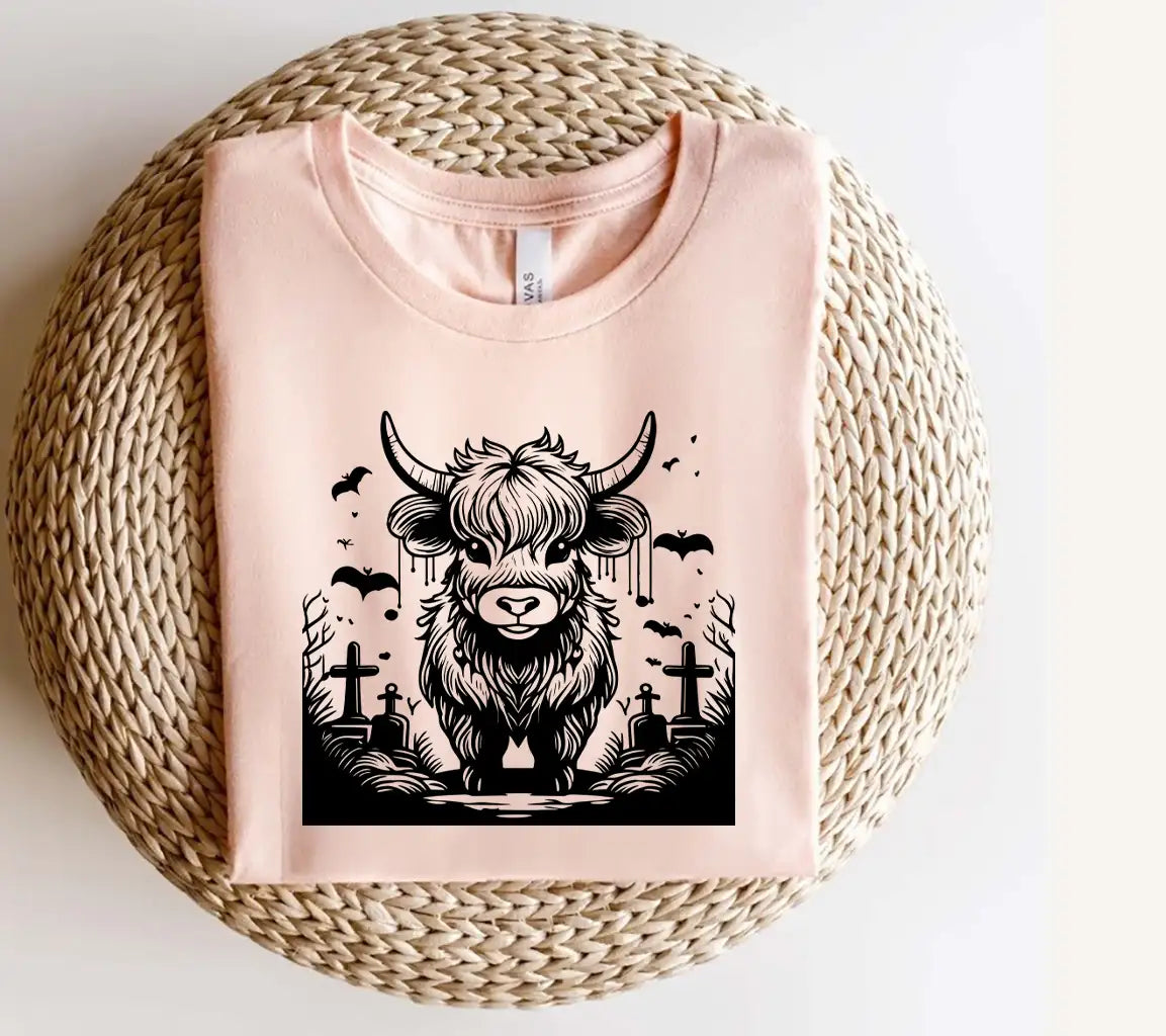 Surreal  Bull Cemetery SVG - Halloween Highland Cow Fog Landscape SVG