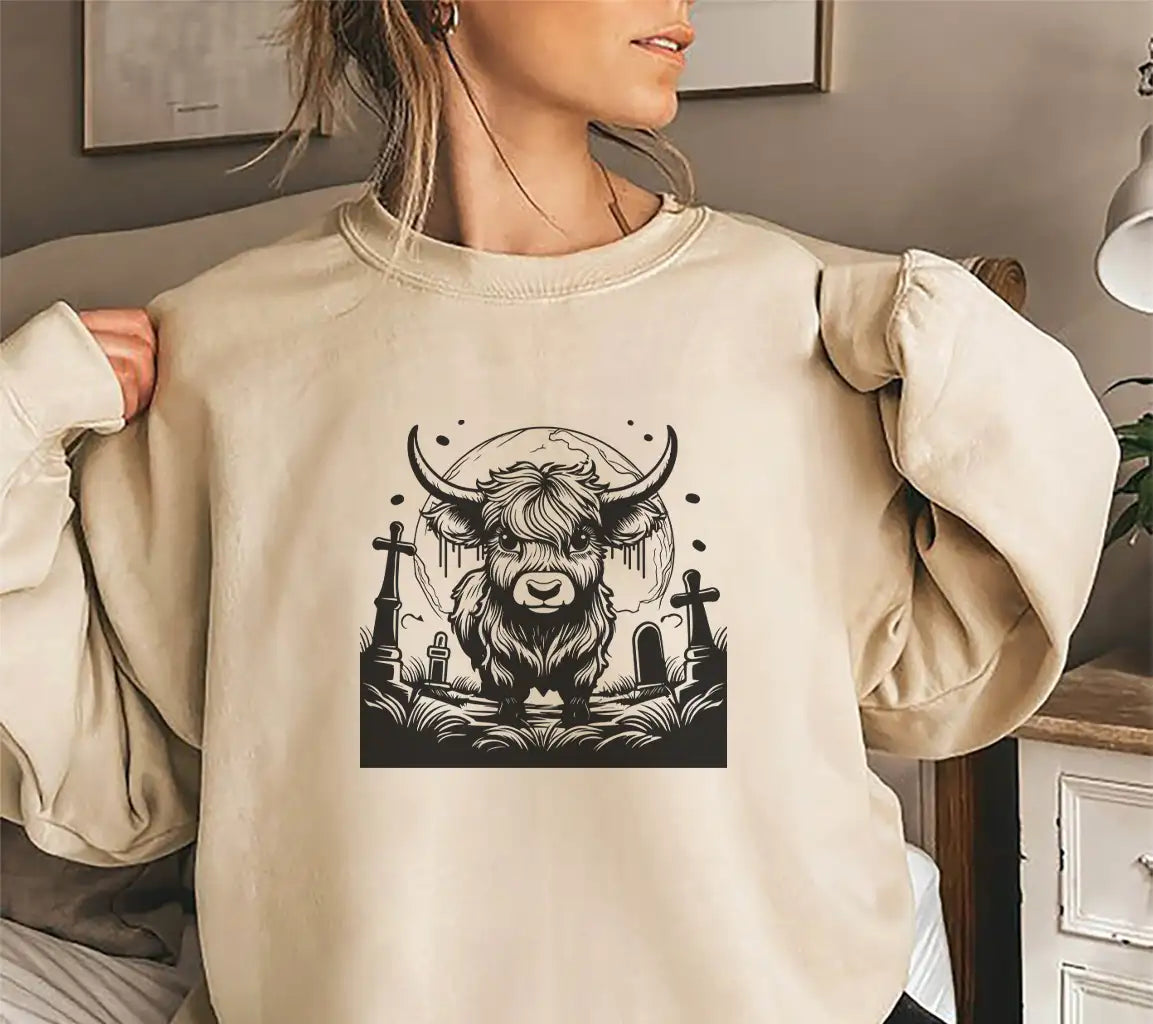Surreal  Bull Cemetery SVG - Monochromatic Highland Cow Halloween Landscape SVG