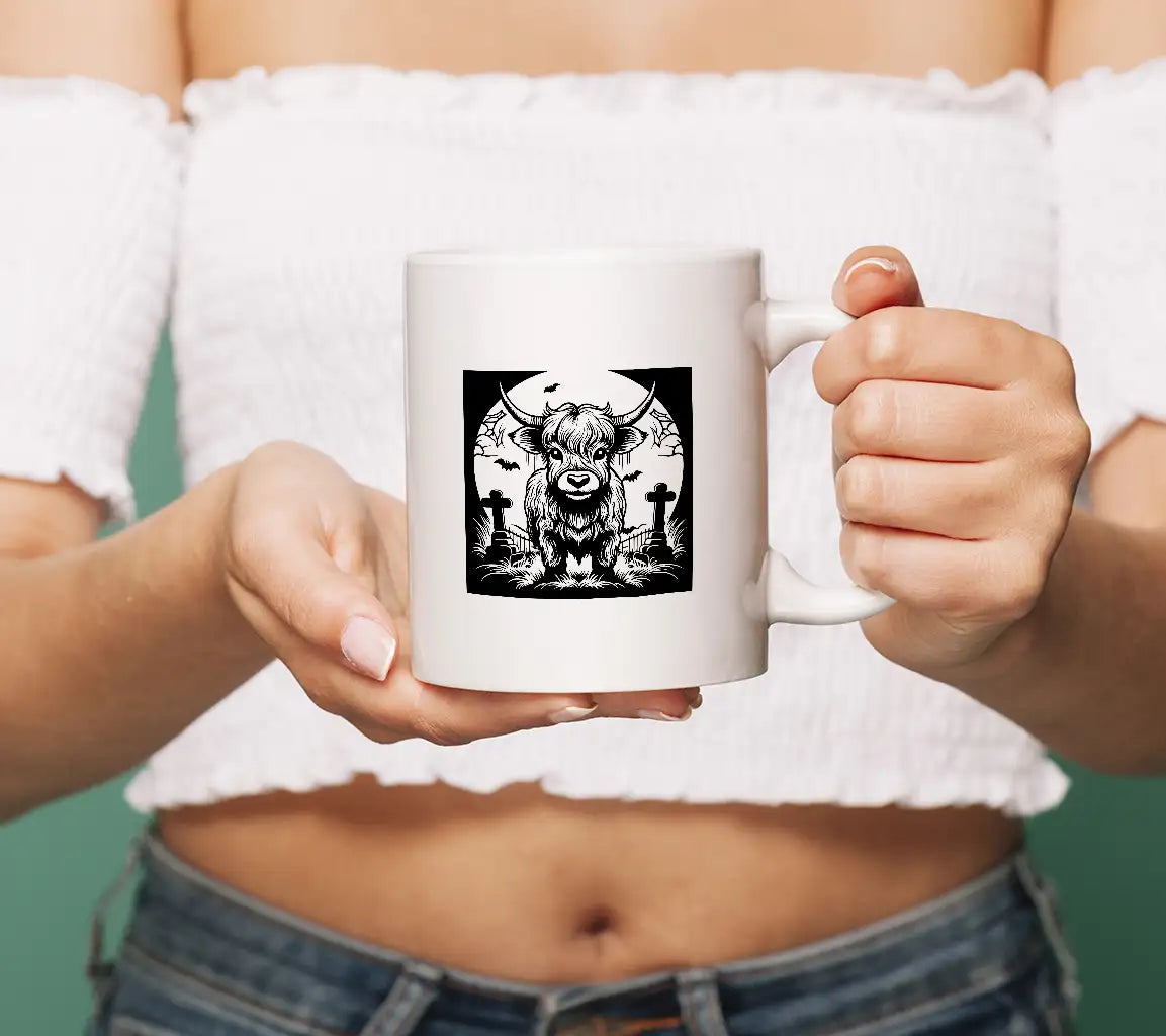 Surreal  Bull Cemetery SVG - Monochromatic Highland Cow Halloween Landscape SVG