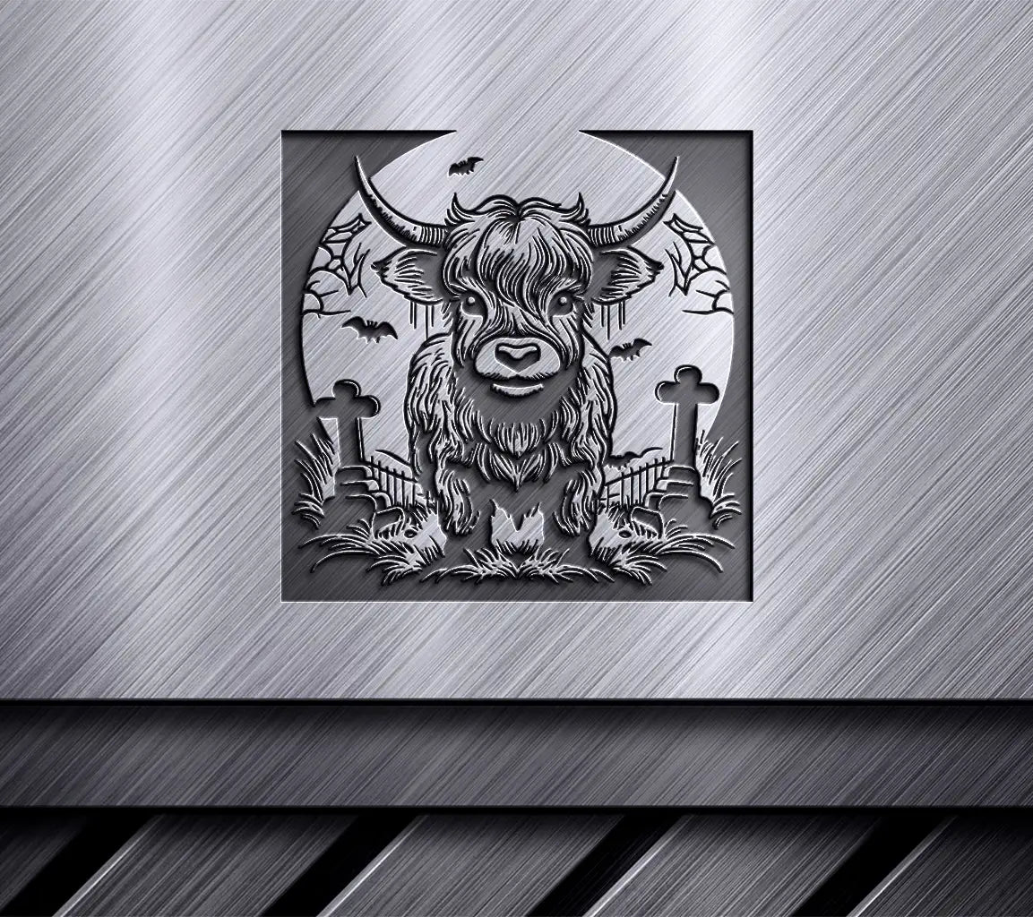 Surreal  Bull Cemetery SVG - Monochromatic Highland Cow Halloween Landscape SVG