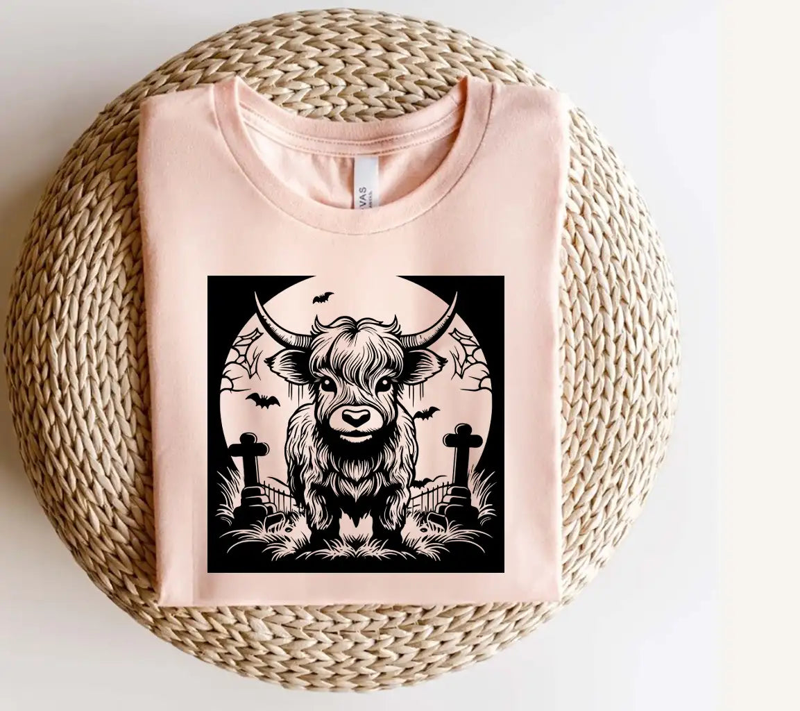 Surreal  Bull Cemetery SVG - Monochromatic Highland Cow Halloween Landscape SVG
