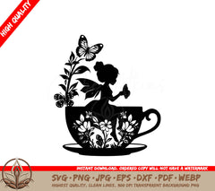 Teacup Floral Fairy Digital Design in Multiple File Formats (SVG, PNG, JPG, AI, PDF, DXF, EPS, WebP) 
