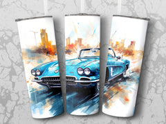 Teal Corvette Classic Watercolor Skyline Tumbler Wrap | 20oz Tumbler Wrap Sublimation Design PNG - Gabe Atkins Designs