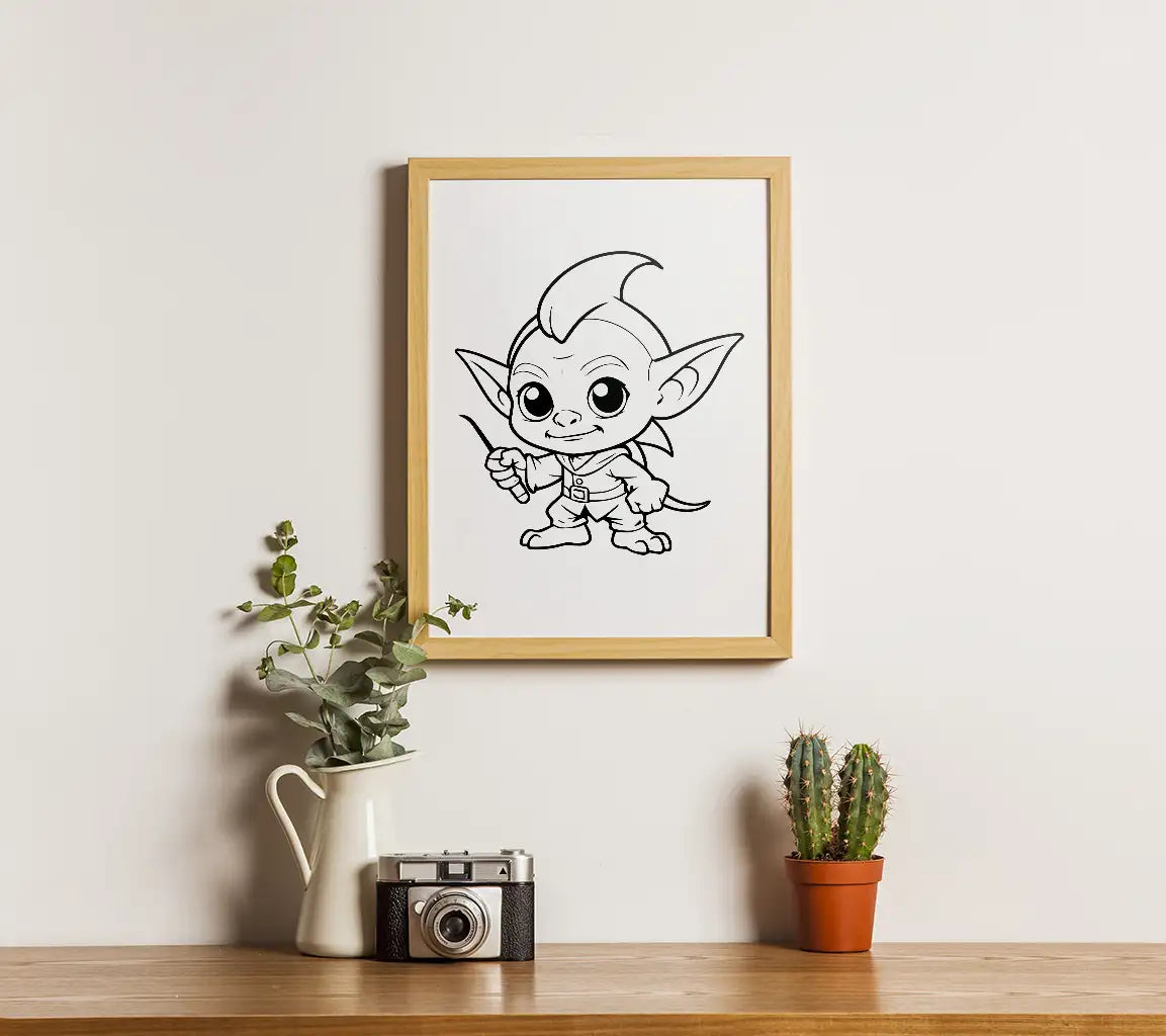 Cute Elf with Wand Coloring Page SVG -  Illustration SVG