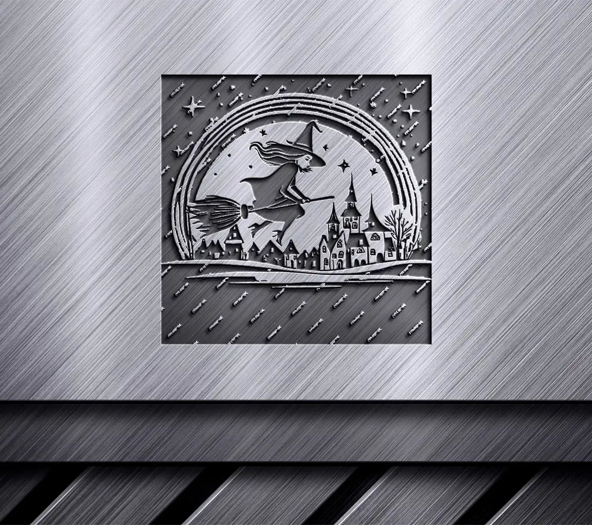  Witch Flying on Broom SVG - Full Moon Cityscape SVG