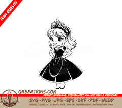  Princess Coloring Page SVG - Cute Cartoon Girl in Ball Gown and Tiara SVG