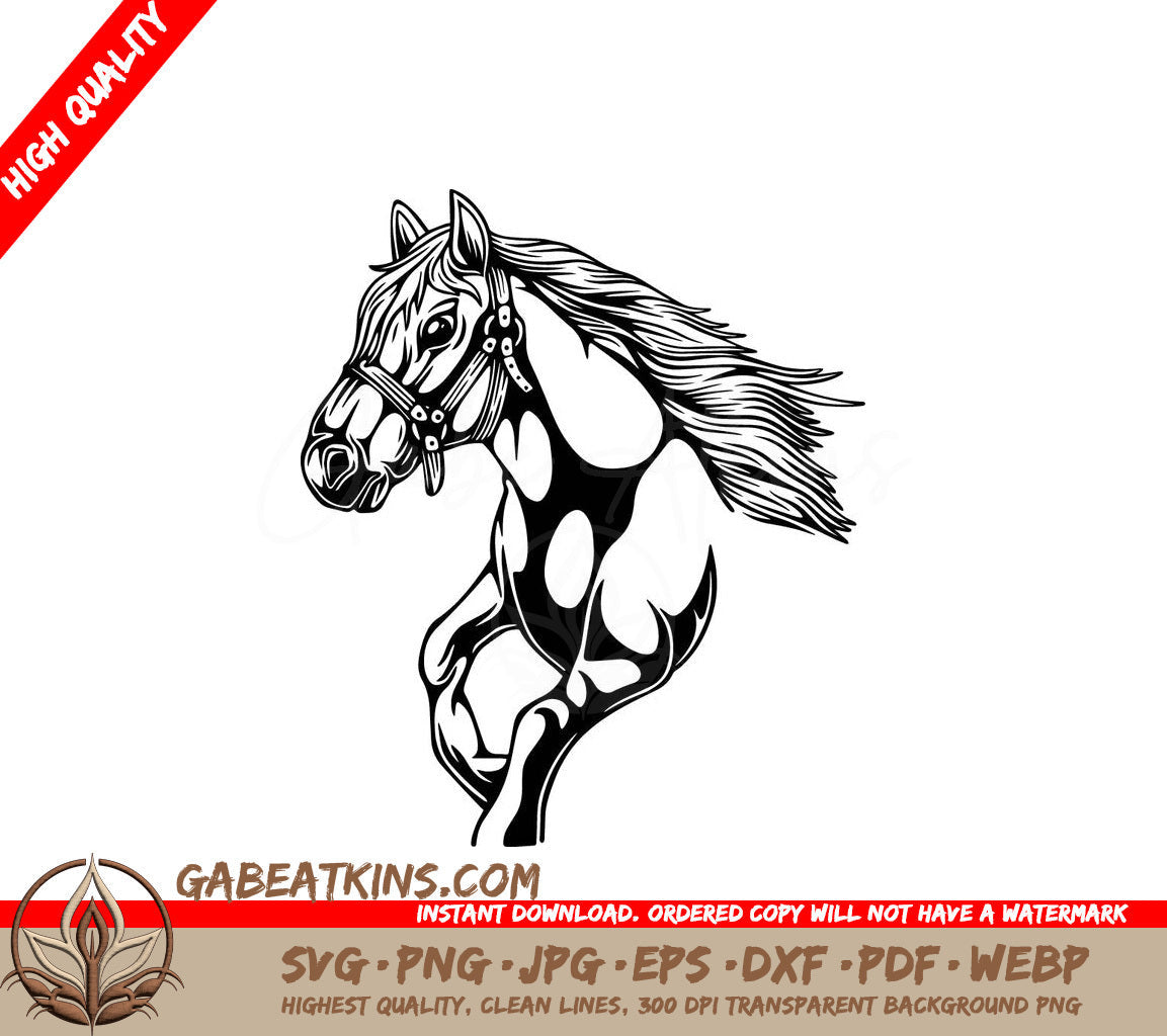  A Horse With A Bridle SVG - Vector illustration Horse in a running position with long hair and curls black and white design SVG