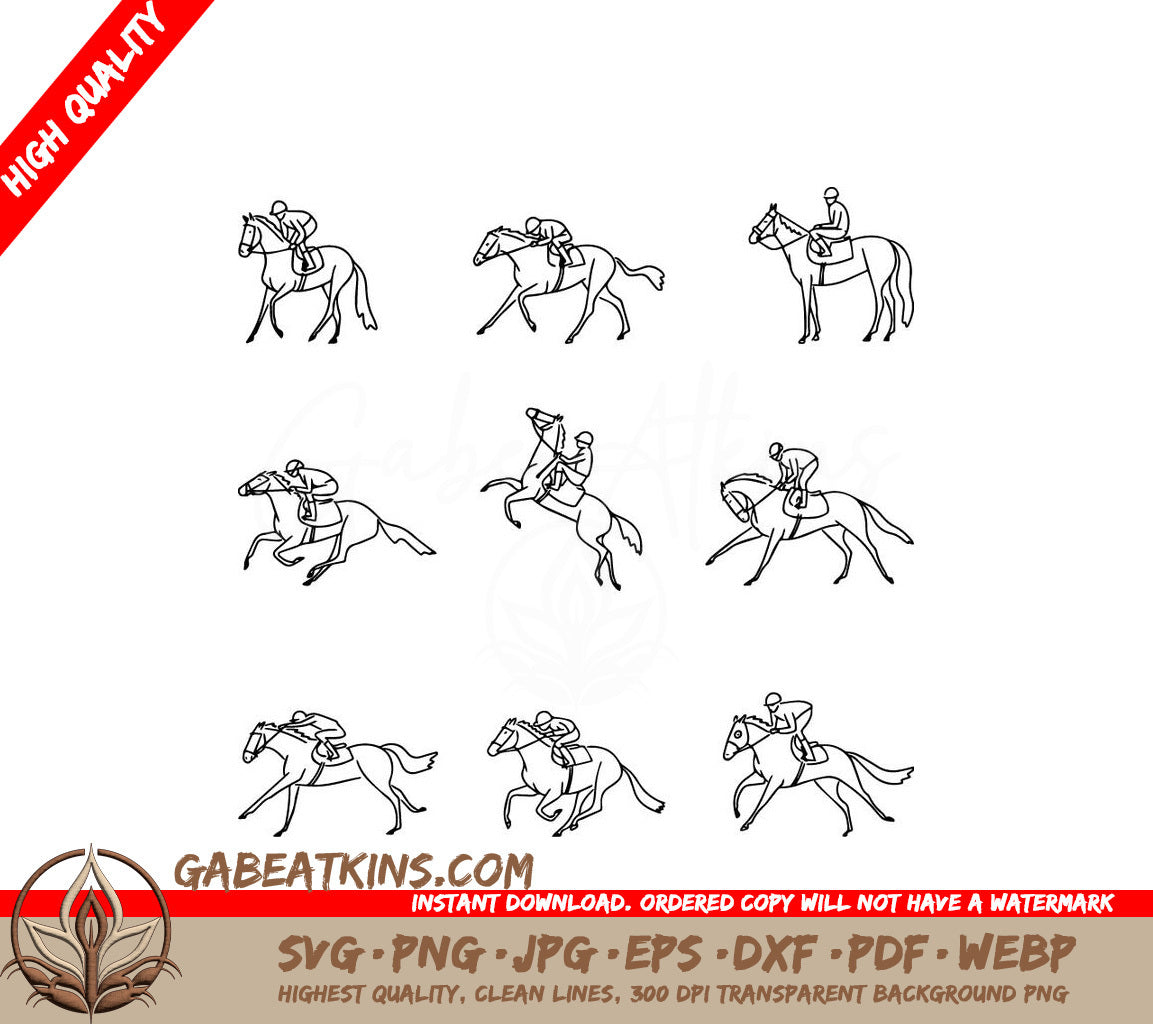  Jockeys Riding Horses SVG - Vector set of a race horses and jockeys SVG