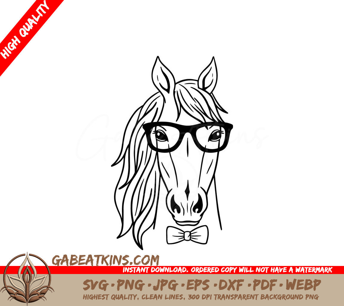  A Horse Wearing Glasses And A Bow Tie SVG - Vector silhouette of a horse_s head Wild Animals Horse head with glasses and bowtie SVG