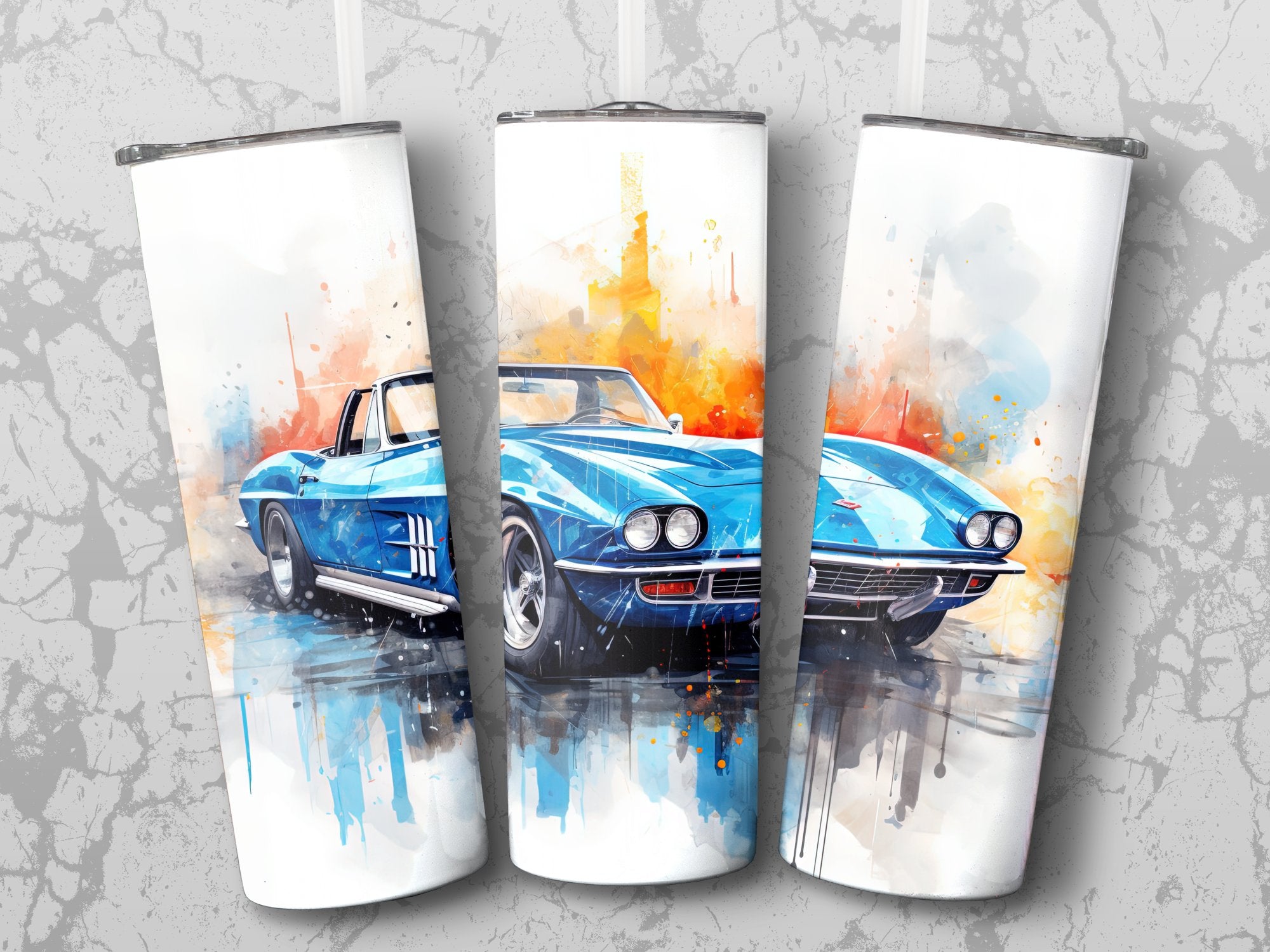 Vibrant Blue Corvette Watercolor Reflection Tumbler Wrap | 20oz Tumbler Wrap Sublimation Design PNG - Gabe Atkins Designs