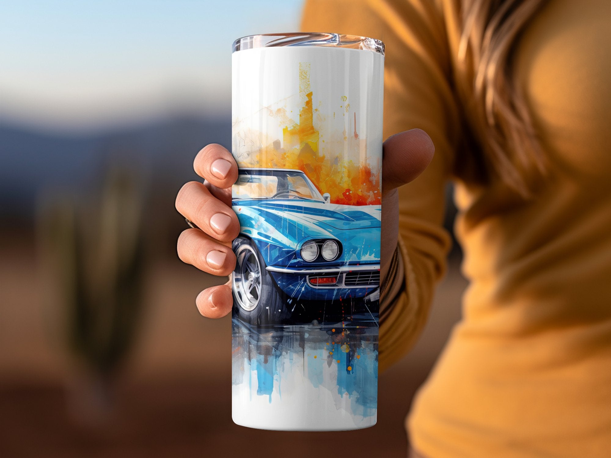 Vibrant Blue Corvette Watercolor Reflection Tumbler Wrap | 20oz Tumbler Wrap Sublimation Design PNG - Gabe Atkins Designs