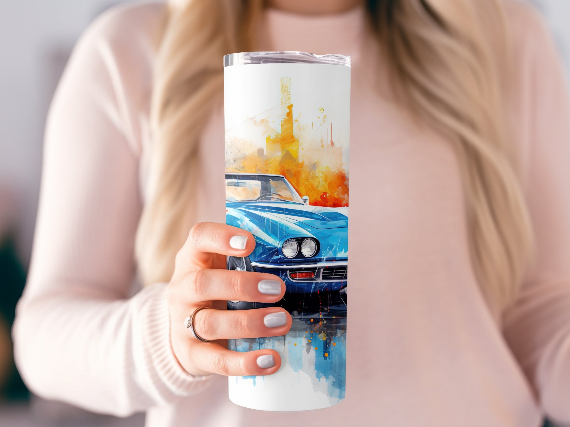 Vibrant Blue Corvette Watercolor Reflection Tumbler Wrap | 20oz Tumbler Wrap Sublimation Design PNG - Gabe Atkins Designs