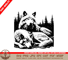 Vintage Wolves in Forest Digital Design File (SVG, PNG, JPG, AI, PDF, DXF, EPS, WebP) 
