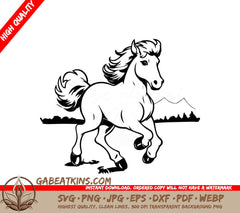  A Horse Running With Mountains In The Background SVG - White horse running on the field Vector illustration in cartoon style SVG