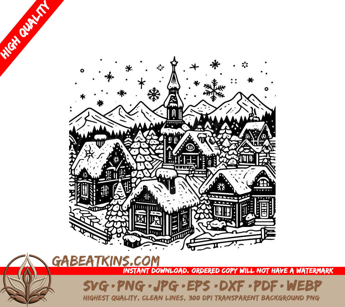  A Snowy Village With Mountains In The Background SVG - Winter Wonderland Village SVG