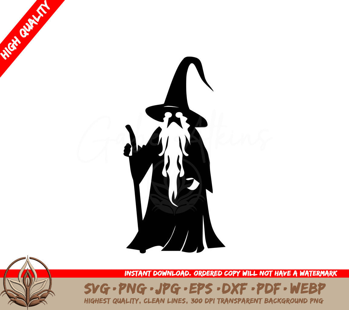 Wizard with Pointed Hat and Staff - Digital Design in Multiple File Formats (SVG, PNG, JPG, AI, PDF, DXF, EPS, WebP) 
