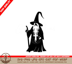 Wizard with Pointed Hat and Staff - Digital Design in Multiple File Formats (SVG, PNG, JPG, AI, PDF, DXF, EPS, WebP) 
